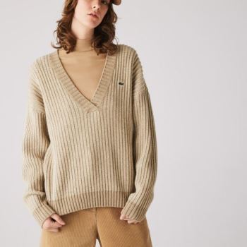 Lacoste Two-Tone Low V-Neck Ribbed Wool Sweater - Svetr Dámské Béžový | CZ-vQHlOY